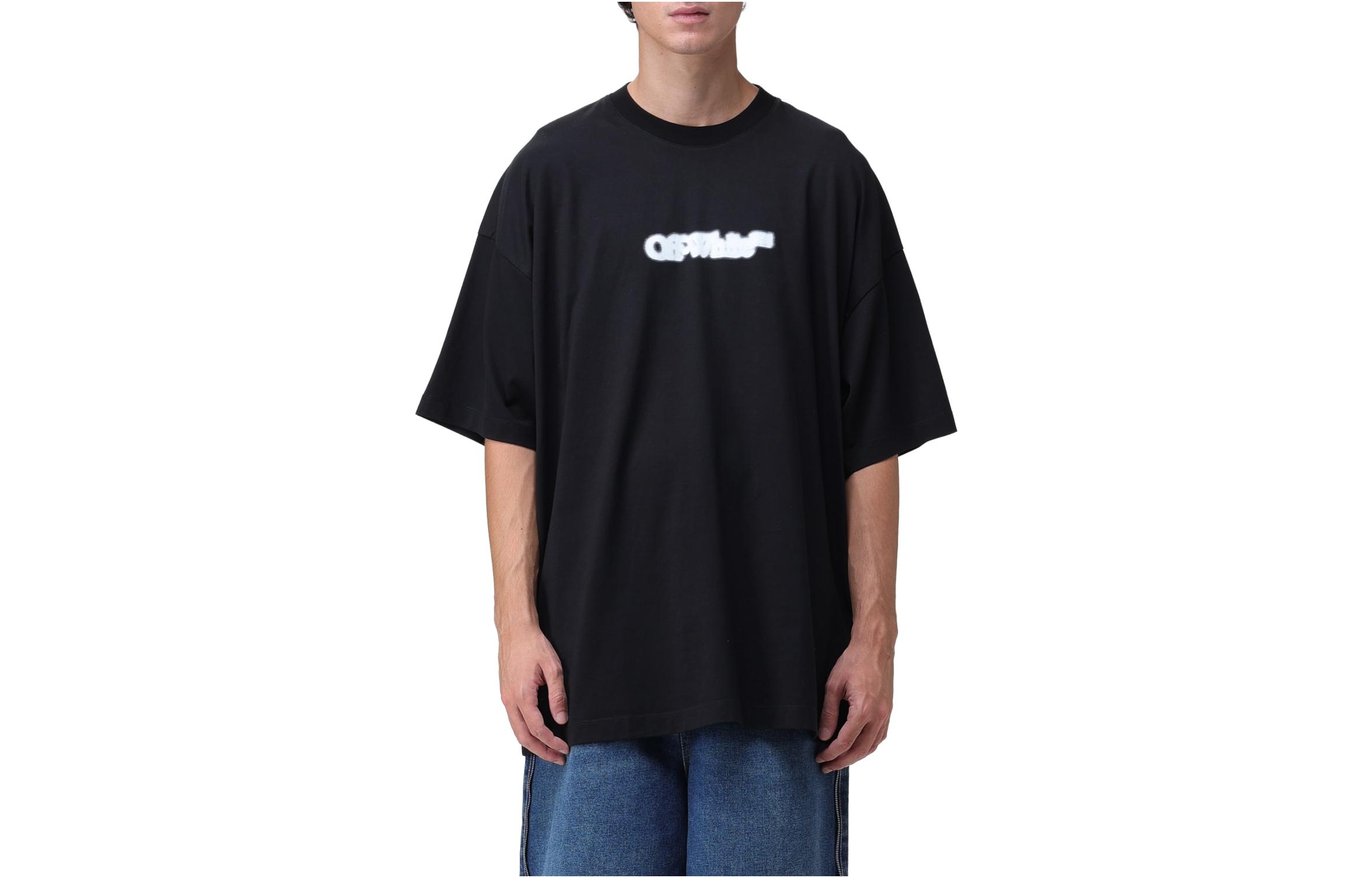 OFF-WHITE  Black Logo Print Casual Round Neck T-Shirt Regular Fit OMAA161F23JER0021001