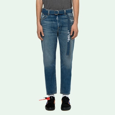 Off-White Belted Low Crotch Slim Fit Denim Jeans Medium Blue/White Lookbook Off-White Belted Low Crotch Slim Fit Denim Jeans Medium Blue/White
