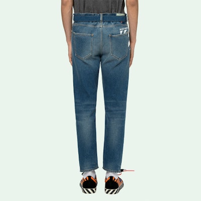 Off-White Belted Low Crotch Slim Fit Denim Jeans Medium Blue/White Shop Off-White Belted Low Crotch Slim Fit Denim Jeans Medium Blue/White