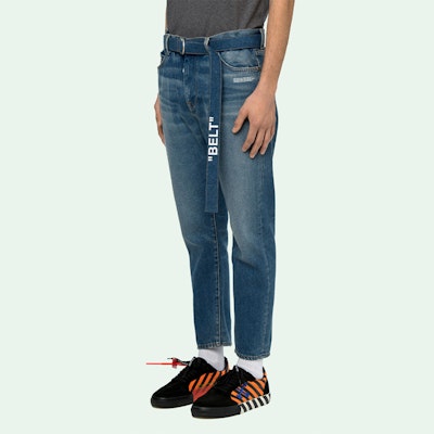 Off-White Belted Low Crotch Slim Fit Denim Jeans Medium Blue/White Purchase Off-White Belted Low Crotch Slim Fit Denim Jeans Medium Blue/White