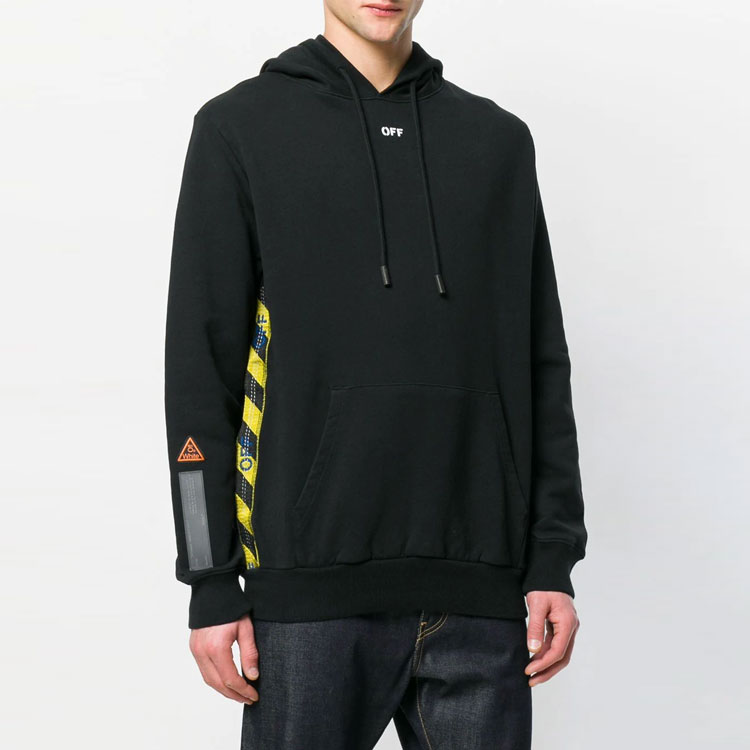 OFF-WHITE Black Hoodie with Yellow Warning Tape Details Unisex OMBB032S180030081000 圖 4