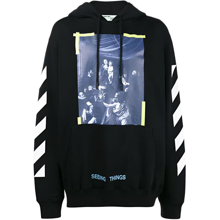 OFF-WHITE Black Religious Oil Painting Hoodie Yellow Stripes Unisex OMBB003F170030161001