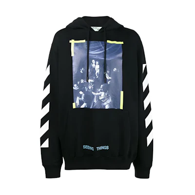 OFF-WHITE Black Religious Oil Painting Hoodie Yellow Stripes Unisex OMBB003F170030161001