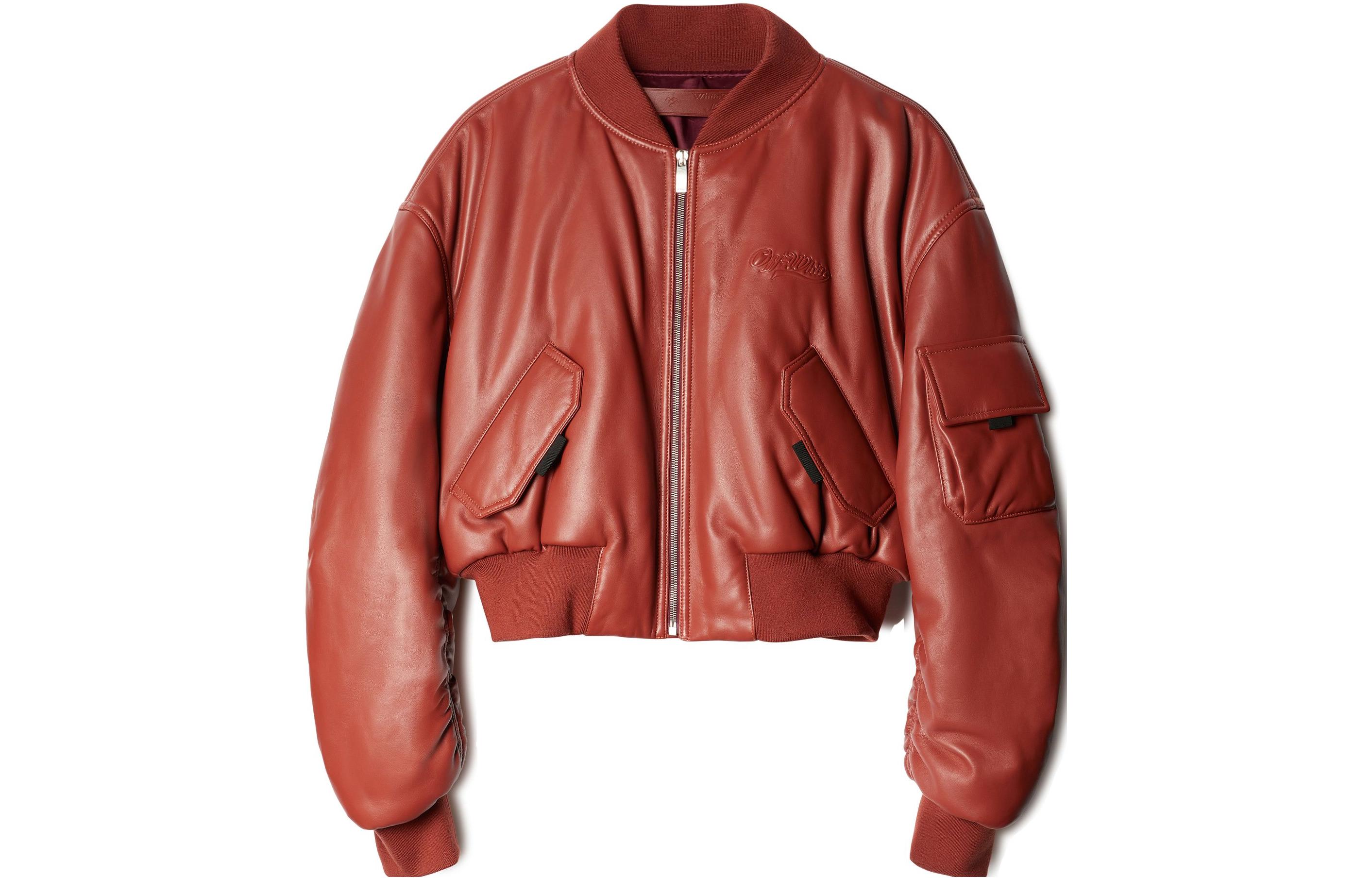 Off-White Brown-Red Leather Bomber Jacket Oversized Fit Long Sleeve OMJA105S23LEA0012727