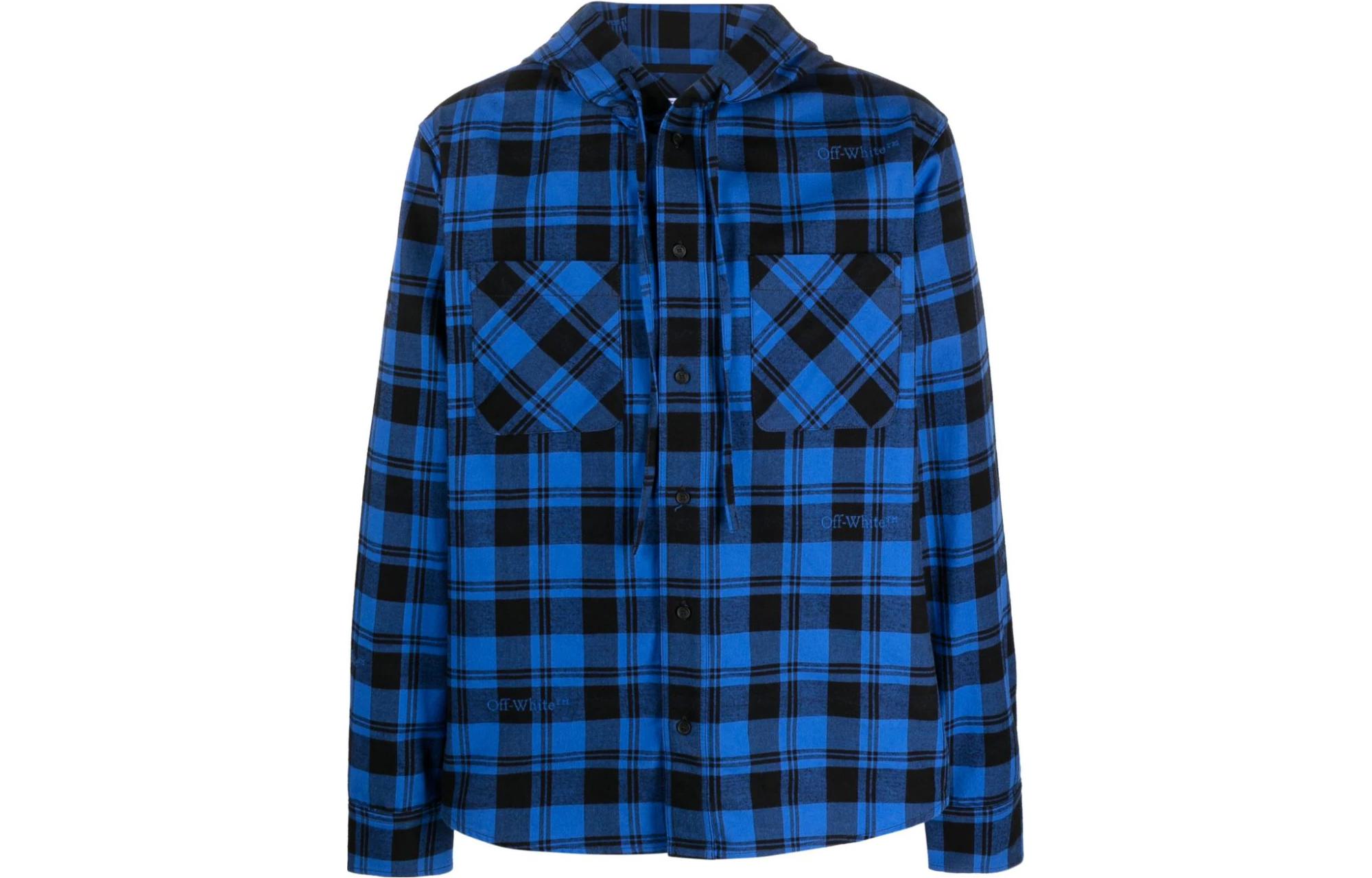OFF-WHITE Checkered Print Hooded Button-Up Jacket Blue  Regular Fit. OMGE031F23FAB0014800