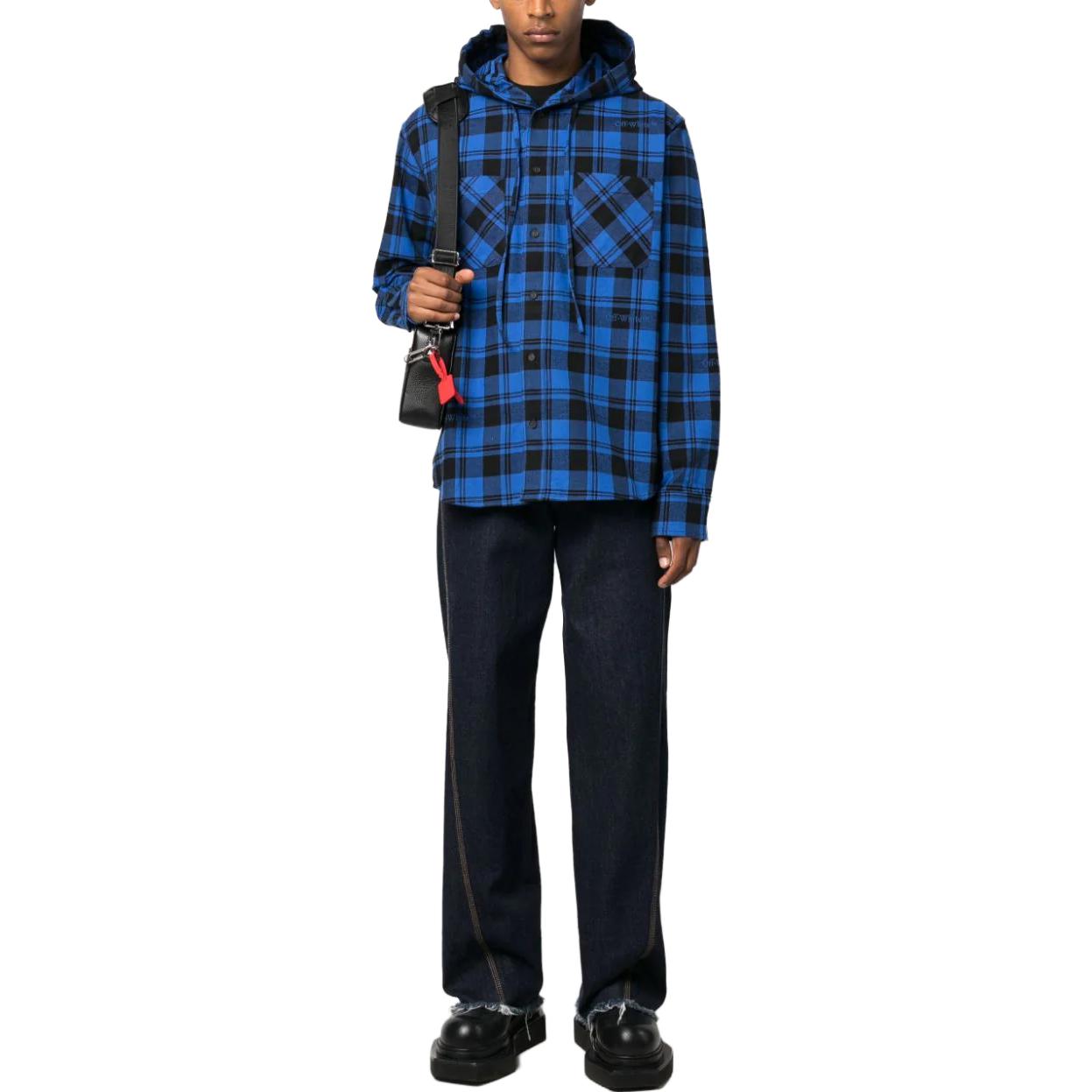 Lookbook OFF-WHITE 格纹连帽按扣夹克 蓝色 休闲宽松版型 OMGE031F23FAB0014800