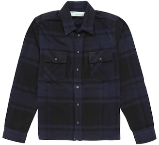 Kemeja Flanel Off-White Kotak-Kotak Stensil Hitam/Biru Tua Buy Kemeja Flanel Off-White Kotak-Kotak Stensil Hitam/Biru Tua