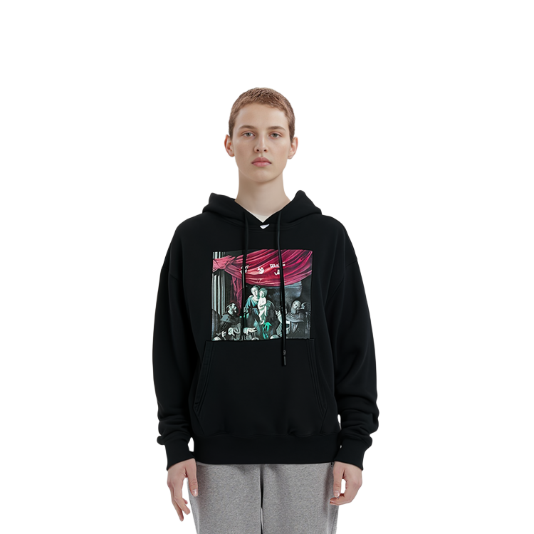 Sizing 오프화이트 클래식 만화 그래픽 후드티 블랙 루즈핏 OMBB037E20FLE0031010
