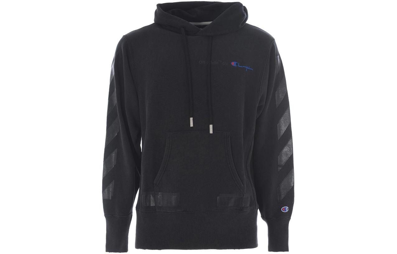 OFF-WHITE Diagonal Striped Embroidered Logo Hoodie Black Menswear. OMBB027S18875050-1010