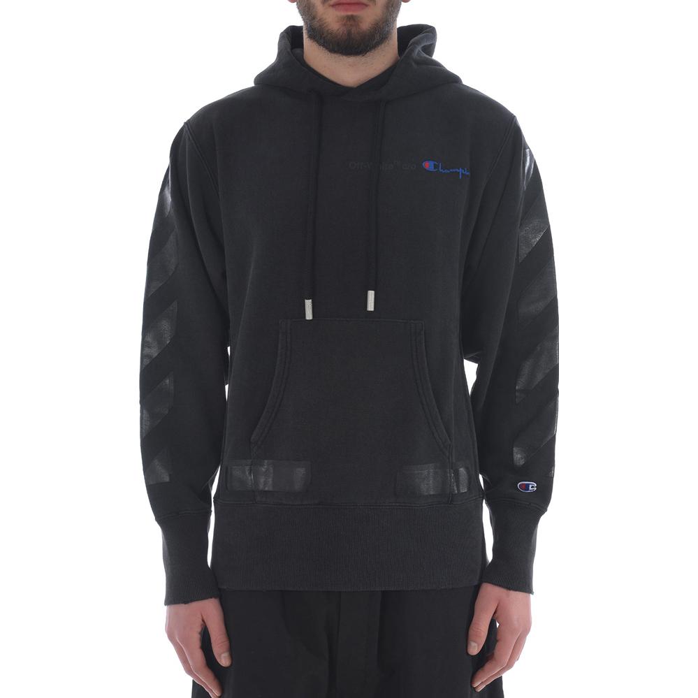 Lookbook 오프 화이트 대각선 스트라이프 자수 로고 후드티 블랙 남성용. OMBB027S18875050-1010