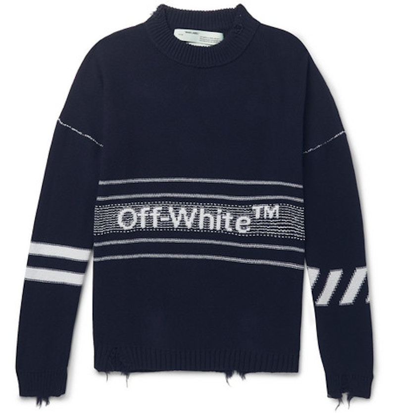 Buy Off-White Logo Intarsia Sweater Biru Navy Lelaki