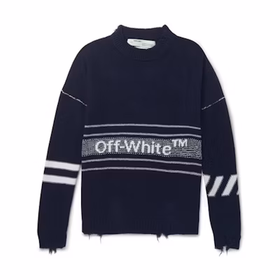 Off-White Distressed Logo Intarsia Sweater Navy