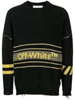 Off-White Distressed Logo Intarsia Wool Sweater Black/Yellow Off-White Distressed Logo Intarsia Wool Sweater Black/Yellow