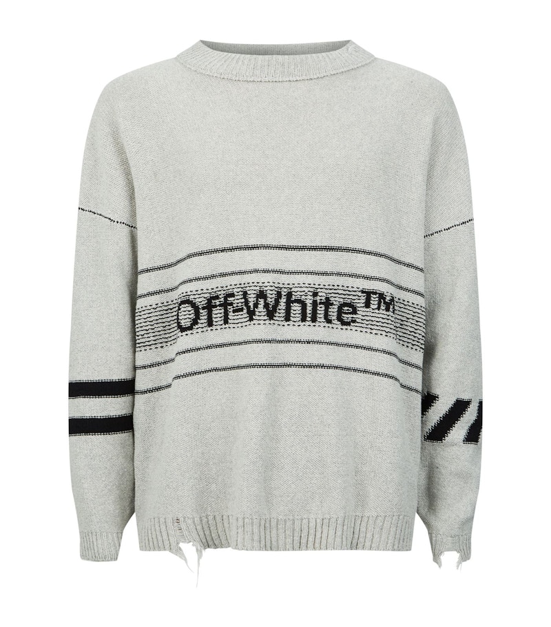Off-White Distressed Logo Intarsia Wool Sweater Grey/Black