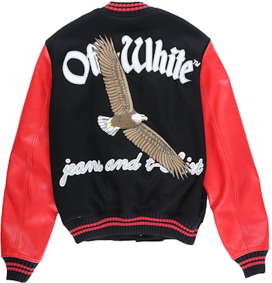 Off-White Eagle Logo Leather Sleeve Varsity Jacket Black/Red/White Order Off-White Eagle Logo Leather Sleeve Varsity Jacket Black/Red/White