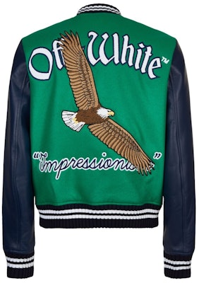 Off-White Eagle Logo Leather Sleeve Varsity Jacket Green/Navy/White Order Off-White Eagle Logo Leather Sleeve Varsity Jacket Green/Navy/White