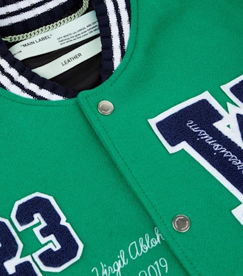 Off-White Eagle Logo Leather Sleeve Varsity Jacket Green/Navy/White Lookbook Off-White Eagle Logo Leather Sleeve Varsity Jacket Green/Navy/White