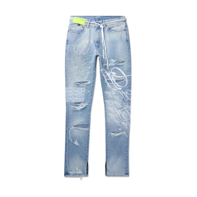 Off-White EV BRAVADO Crystal Distressed Denim Jeans Light Blue