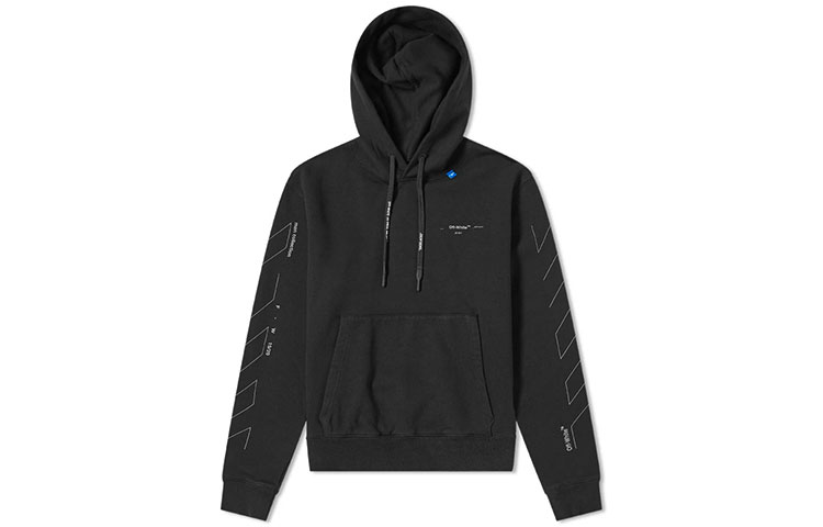 Lookbook 오프 화이트 FW19 블랙 백 로고 프린트 긴팔 크루넥 스웻셔츠. OMBB034E19E300031091