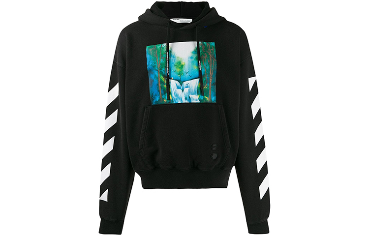 Off-White FW19 Black Hoodie Waterfall Graphic Pullover for Men OMBB037E19E300151088