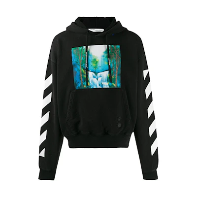 Off-White FW19 Black Hoodie Waterfall Graphic Pullover for Men OMBB037E19E300151088