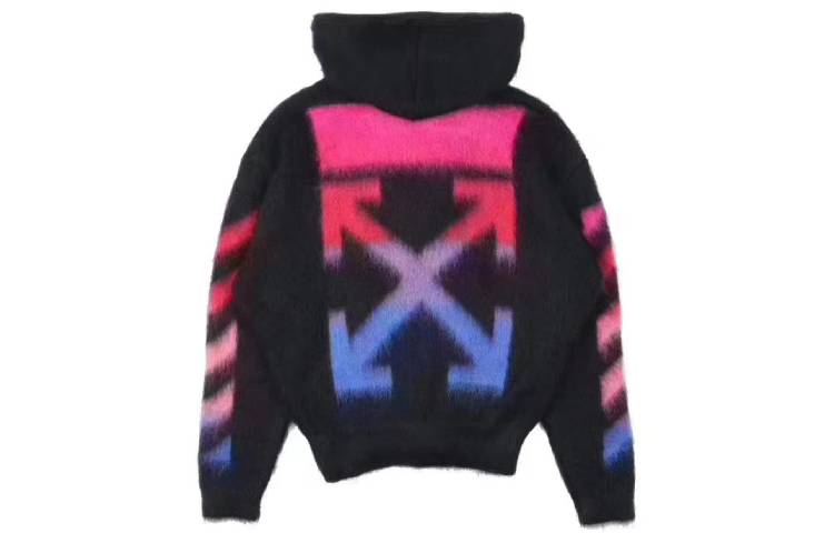 Order オフホワイト FW19 ブラック ナイロン混フード付きジップニットジャケット OMHA073E19B020241088