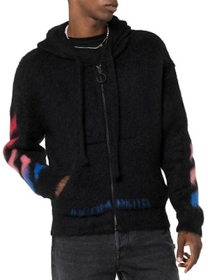 オフホワイト FW19 ブラック ナイロン混フード付きジップニットジャケット OMHA073E19B020241088 Shop オフホワイト FW19 ブラック ナイロン混フード付きジップニットジャケット OMHA073E19B020241088