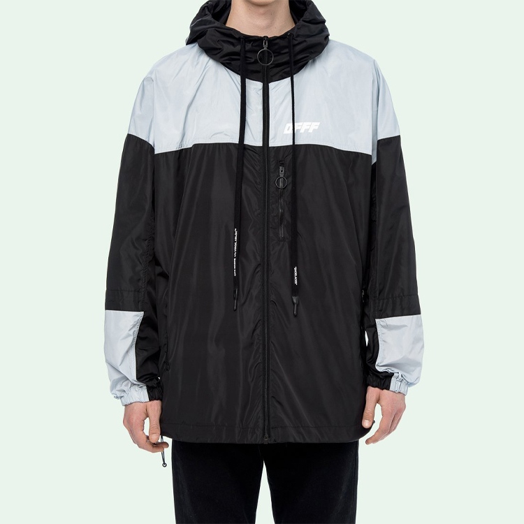 Lookbook オフホワイト FW19 ブラックホワイト カラーブロック ロゴ ウィンドブレーカー ジャケット OMEA169E19E060031091