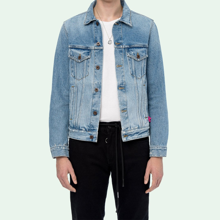 Shop オフホワイト FW19 ブルー グラフィティ アローロゴ デニムジャケット メンズ OMYE005E193860457128
