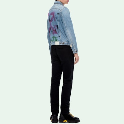 オフホワイト FW19 ブルー グラフィティ アローロゴ デニムジャケット メンズ OMYE005E193860457128 Cheap オフホワイト FW19 ブルー グラフィティ アローロゴ デニムジャケット メンズ OMYE005E193860457128