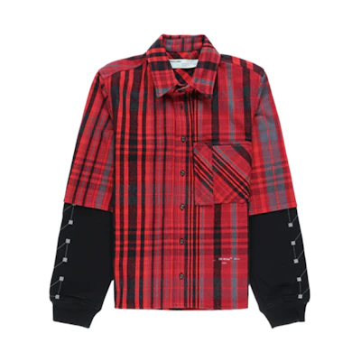 OFF-WHITE FW19 Jersey Sleeve Plaid Logo Half Arrow Print Shirt OMGA083E19E230102010