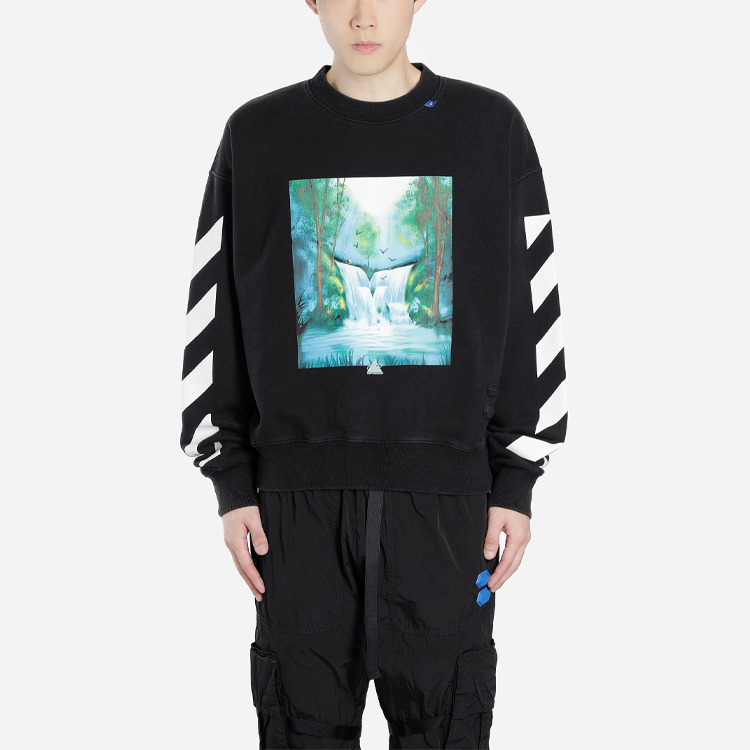Shop OFF-WHITE FW19 減速帶印花寬鬆版黑色衛衣 OMBA035E19E300151088