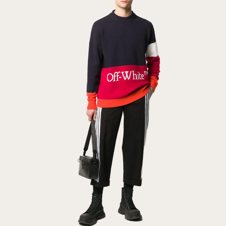 Shop OFF-WHITE FW20 Baju Wool Lelaki Corak Alphabet Logo Patchwork OMHE048E20KNI0014525