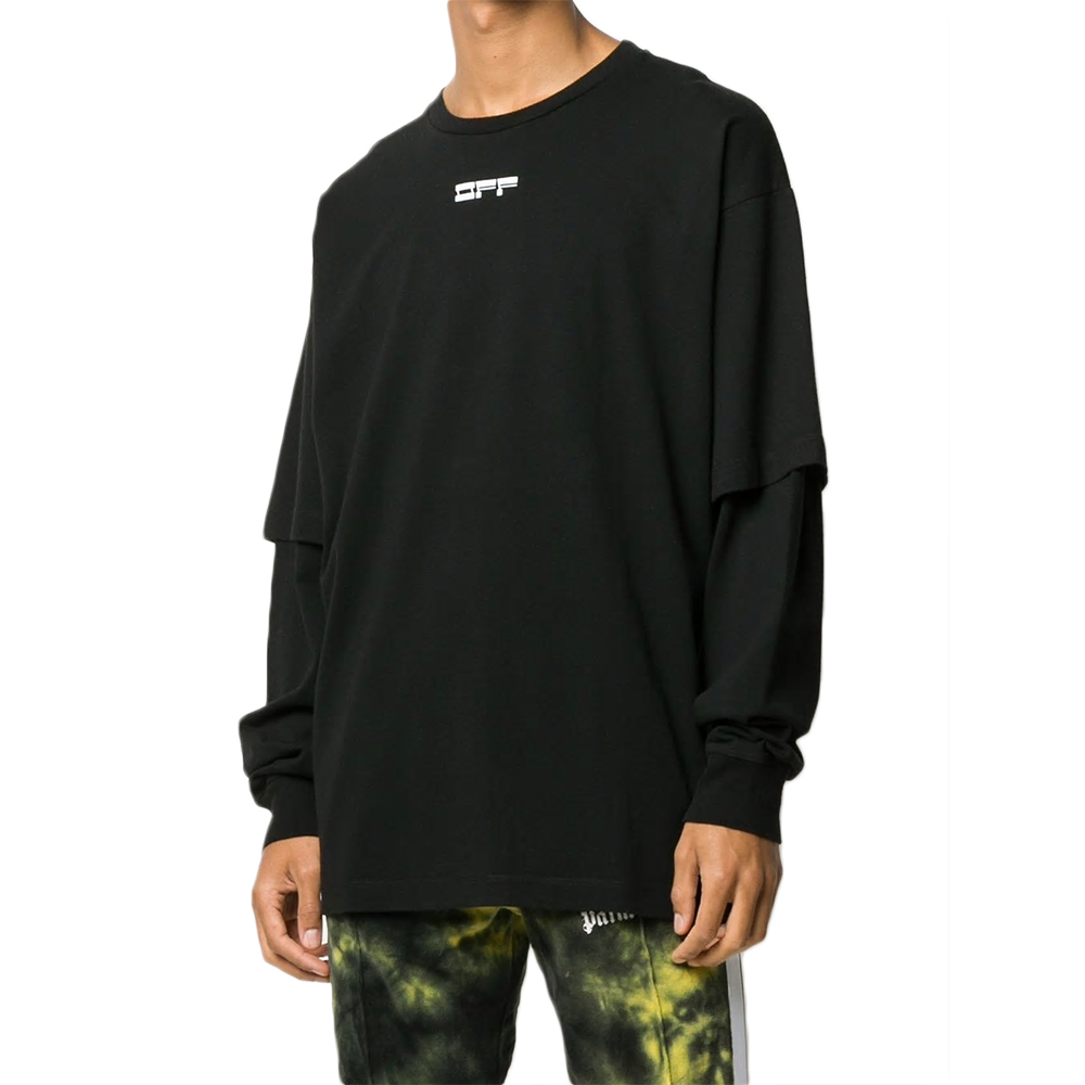 Lookbook オフホワイト FW20 ブラック ダブルレイヤー マスクプリント スウェットシャツ OMAB022E20JER0051001