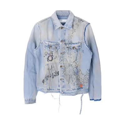 OFF-WHITE FW20 Graffiti Distressed Denim Jacket Men Blue OMYE049F193860441428