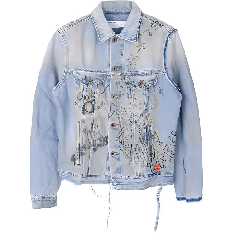 Order オフホワイト FW20 グラフィティ ディストレスト デニムジャケット メンズ ブルー OMYE049F193860441428