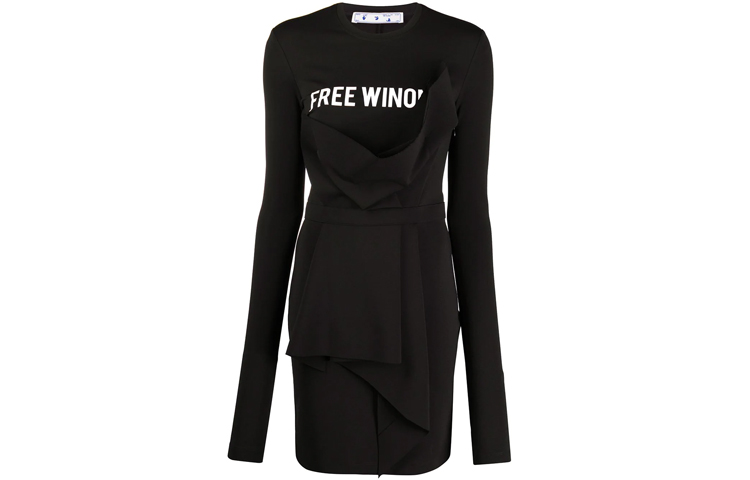 OFF-WHITE FW21 Asymmetric Slogan Draped Long Sleeve Dress Black Slim Fit OWDB256E20FAB0011001