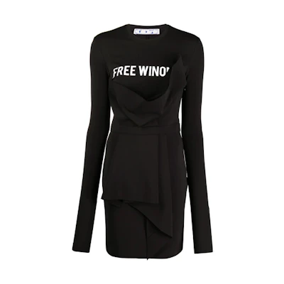 OFF-WHITE FW21 Asymmetric Slogan Draped Long Sleeve Dress Black Slim Fit OWDB256E20FAB0011001