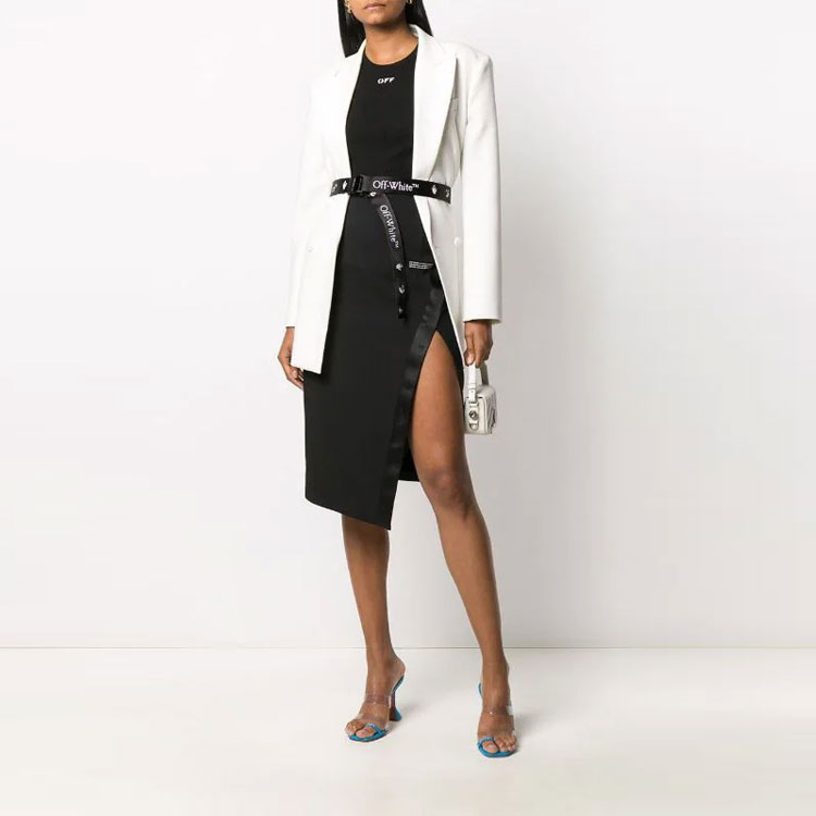 Lookbook Falda Midi Negra OFF-WHITE FW21 con Logo y Abertura Alta. OWCC101E20FAB0011000