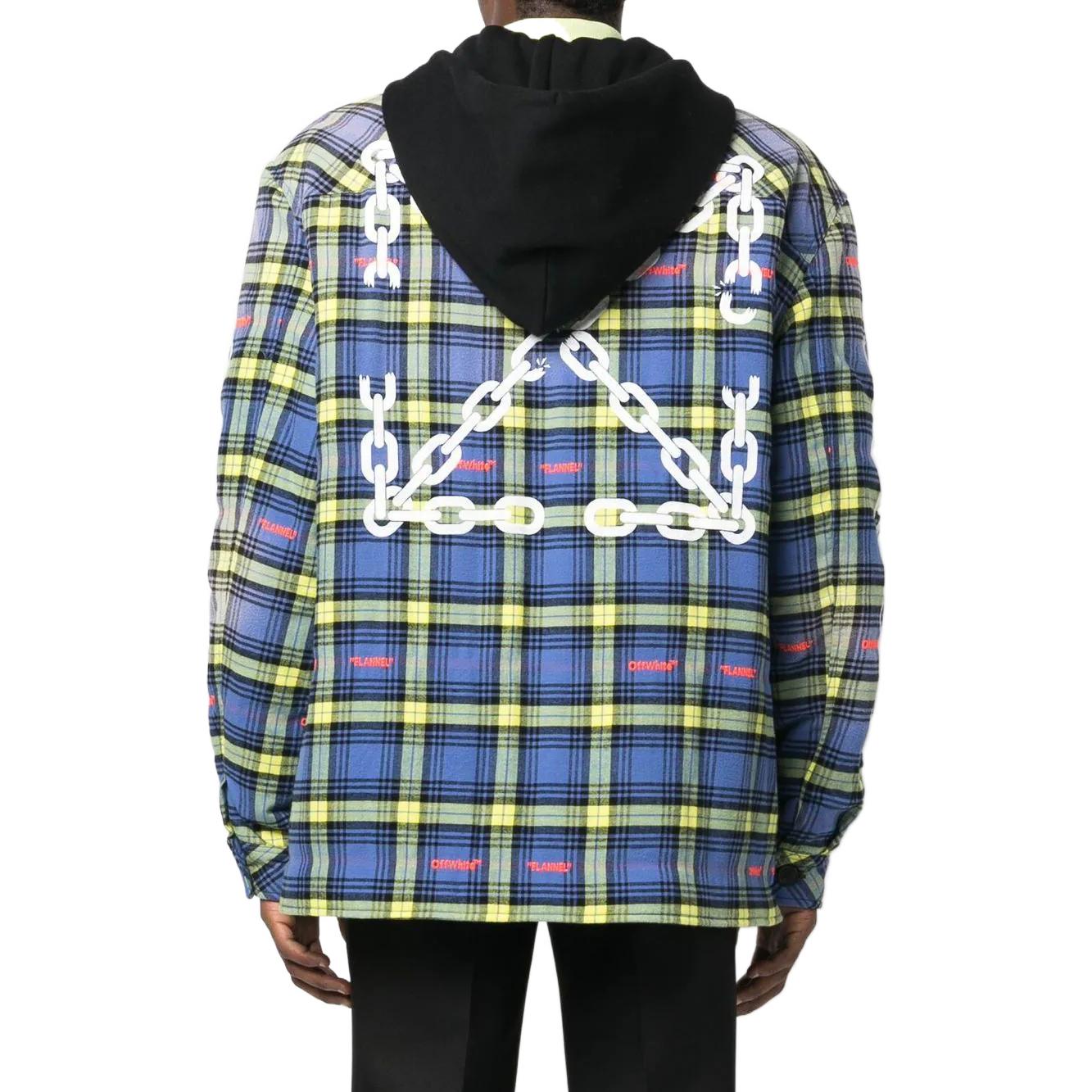 Shop OFF-WHITE 2022秋冬蓝色格纹拼接连帽外套标准版型 OMEA360F22FAB0024201