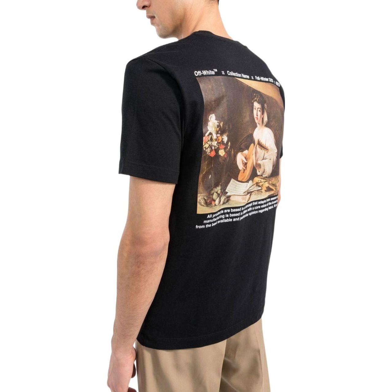 Purchase 오프 화이트 FW22 카라바조 루트 프린트 블랙 크루넥 티셔츠 레귤러 핏 남성용 OMAA027C99JER0111001