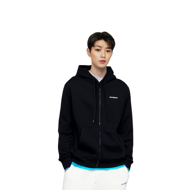 Details for OFF-WHITE FW22 斜紋標誌拉鍊連帽衫 黑色 常規版型 OMBE013C99FLE0071001