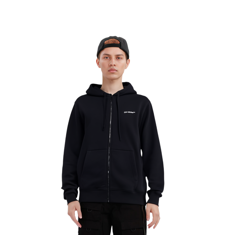 Sizing OFF-WHITE FW22 斜紋標誌拉鍊連帽衫 黑色 常規版型 OMBE013C99FLE0071001