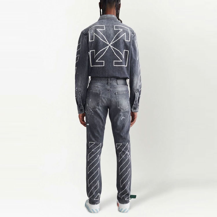 Shop OFF-WHITE FW22 Celana Jeans Abu-Abu Garis Diagonal Regular Fit Straight OMYA074S22DEN0031101