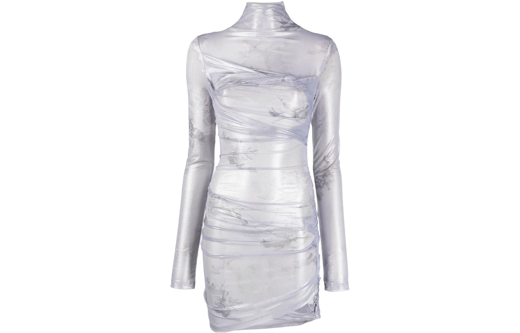 OFF-WHITE FW22 High-Neck Long-Sleeve Dress in Grey - Slim Fit Shiny Twist Design OWDB409S23JER0031010