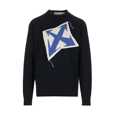 OFF-WHITE FW22 Logo Black Knit Pullover Sweater Regular Fit Wool Top. OMHE125F22KNI0021045