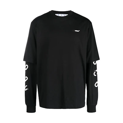 OFF-WHITE FW22 Logo Patchwork Long Sleeve T-Shirt Black Mens Regular Fit OMAB068F22JER0031001