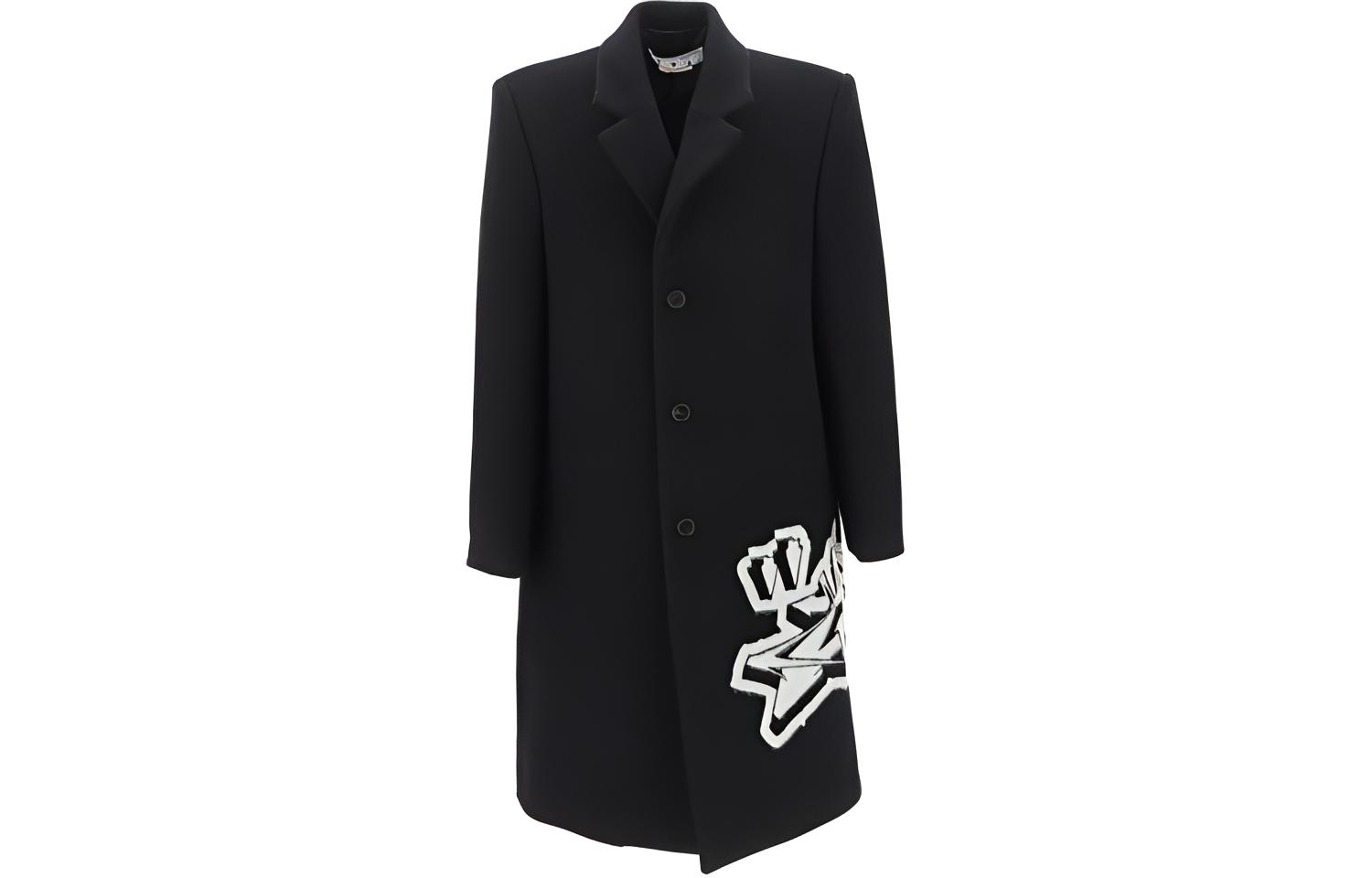 OFF-WHITE FW22 Logo Print Single-Breasted Long Coat Black  Fashion OMER071F22FAB0011001