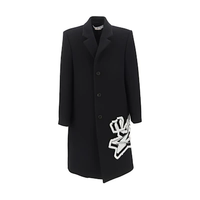 OFF-WHITE FW22 Logo Print Single-Breasted Long Coat Black Fashion OMER071F22FAB0011001