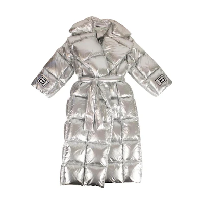 OFF-WHITE FW22 Silver Tie-Waist Down Jacket Loose Fit Puffer OWEA191F19F760509100